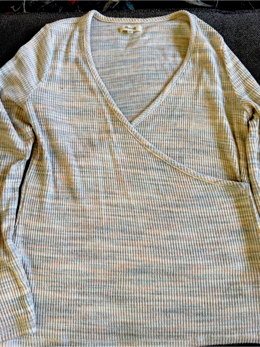 Madewell Light Cream Ribbed Wrap-Front Long Sleeve Top